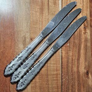 Set of 3 Oneida Floral Bouquet Stainless Dinner Knives 9" Distinction Deluxe